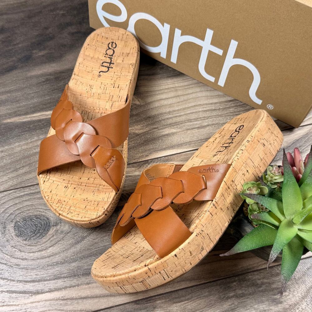 NIB Earth Scotti 8.5M Platform Wedge Comfort Leather Slide Sandal Dark Natural